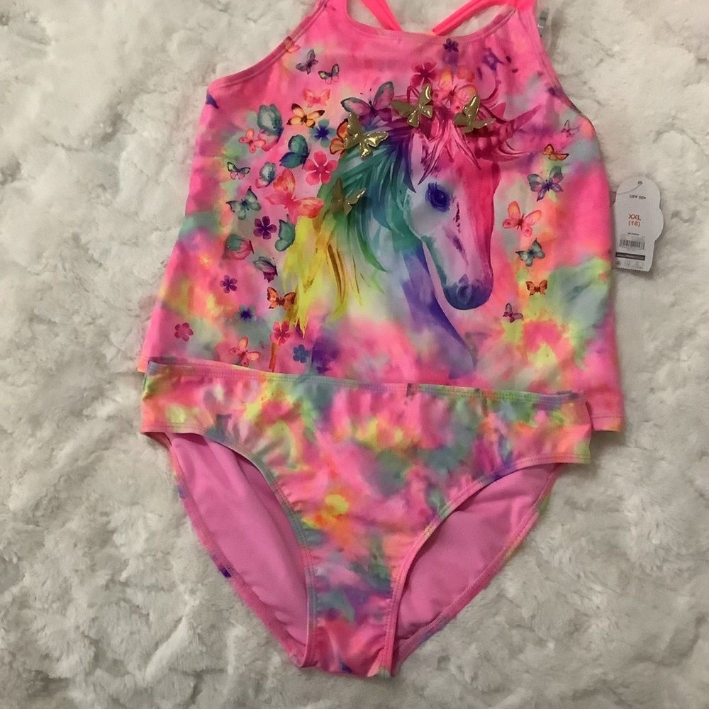 Girls Unicorn Tankini Swimsuit Pink Size XXL(18)